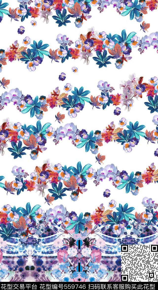 定位手绘花卉数码印花华亿平台下载（图片编号: 559746） - 瓦栏（Walan）