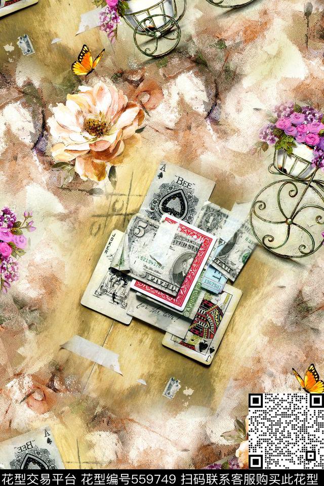 抽象花卉扑克牌数码印花华亿平台下载（图片编号: 559749） - 瓦栏（Walan）
