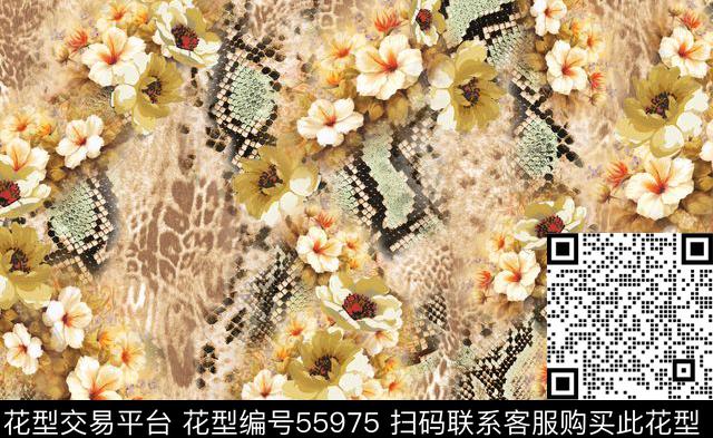 蛇纹动物纹小花数码印花华亿平台下载（图片编号: 55975） - 瓦栏（Walan）