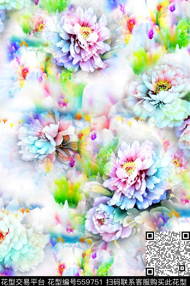 光影牡丹花时尚数码印花华亿平台下载（图片编号: 559751） - 瓦栏（Walan）