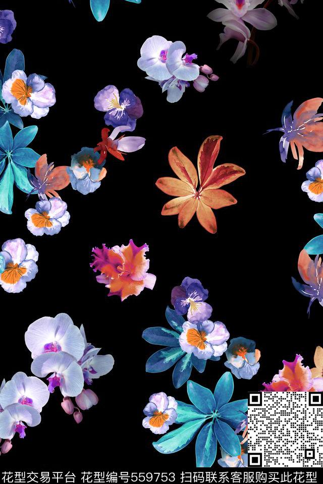 时尚黑底热带数码印花华亿平台下载（图片编号: 559753） - 瓦栏（Walan）