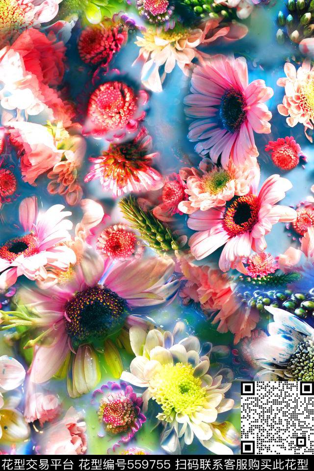 时尚泼墨花卉数码印花华亿平台下载（图片编号: 559755） - 瓦栏（Walan）