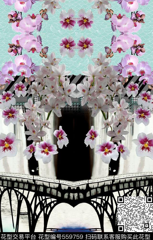 时尚水墨桥数码印花华亿平台下载（图片编号: 559759） - 瓦栏（Walan）