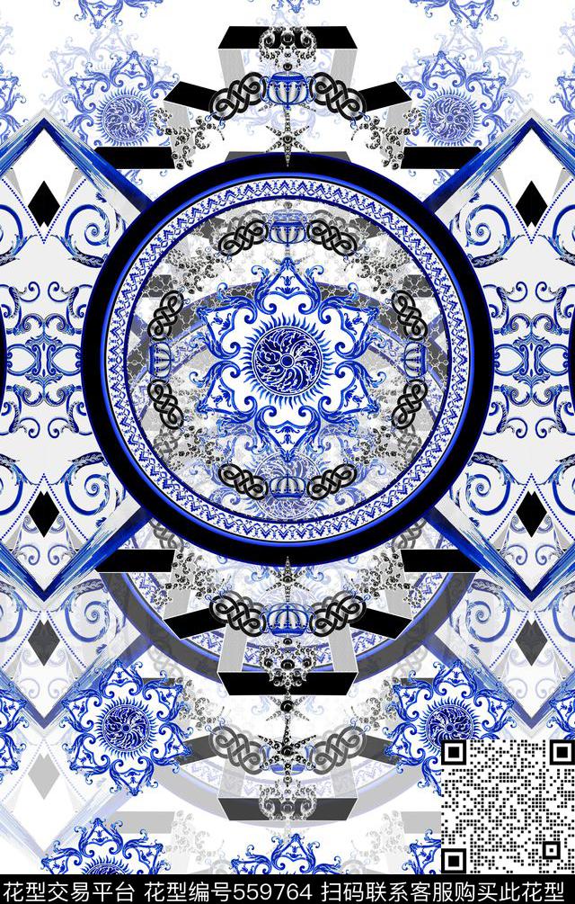 时尚中国风青花瓷数码印花华亿平台下载（图片编号: 559764） - 瓦栏（Walan）