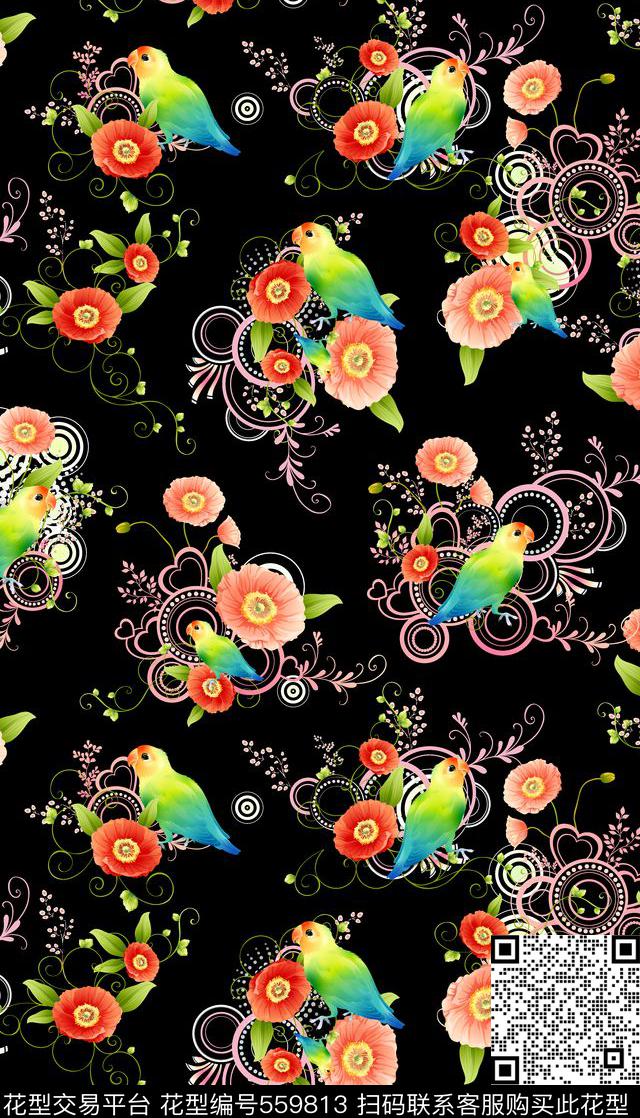 花朵手绘藤蔓数码印花华亿平台下载（图片编号: 559813） - 瓦栏（Walan）