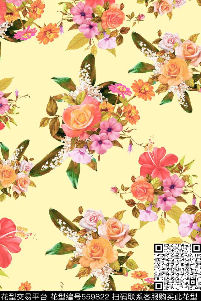 女装四方连续花鸟植物数码印花华亿平台下载（图片编号: 559822） - 瓦栏（Walan）