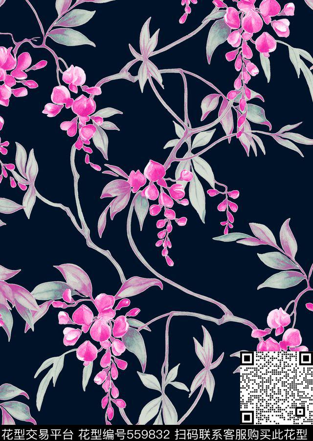 小清新花卉素雅花枝花卉数码印花华亿平台下载（图片编号: 559832） - 瓦栏（Walan）