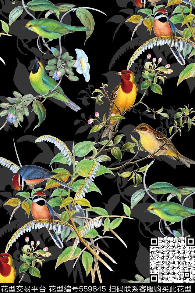 花卉小鸟植物数码印花华亿平台下载（图片编号: 559845） - 瓦栏（Walan）