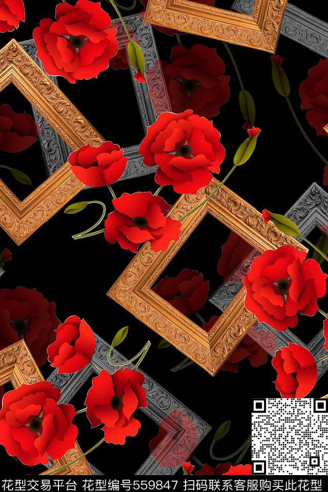 花卉相框复古数码印花华亿平台下载（图片编号: 559847） - 瓦栏（Walan）