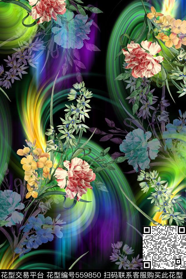 花卉复古光影炫彩数码印花华亿平台下载（图片编号: 559850） - 瓦栏（Walan）