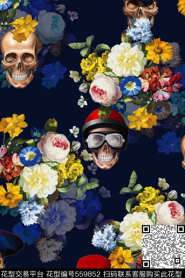 花卉骷髅头层次数码印花华亿平台下载（图片编号: 559852） - 瓦栏（Walan）