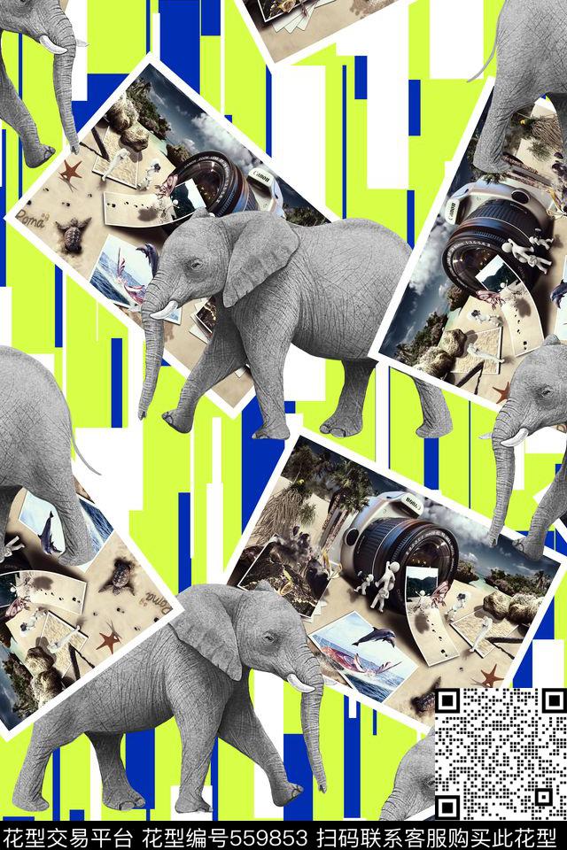 几何竖条大象照片数码印花华亿平台下载（图片编号: 559853） - 瓦栏（Walan）