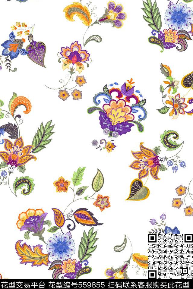 手绘花卉绣花数码印花华亿平台下载（图片编号: 559855） - 瓦栏（Walan）