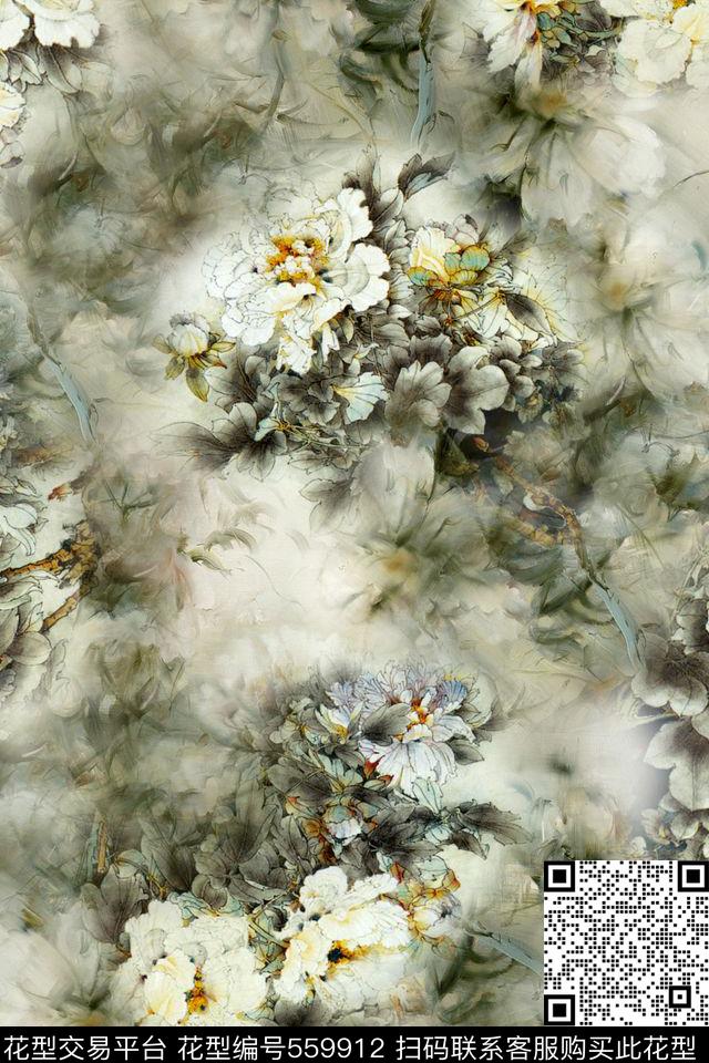 国画绘画素雅花卉旗袍华亿平台数码印花华亿平台下载（图片编号: 559912） - 瓦栏（Walan）