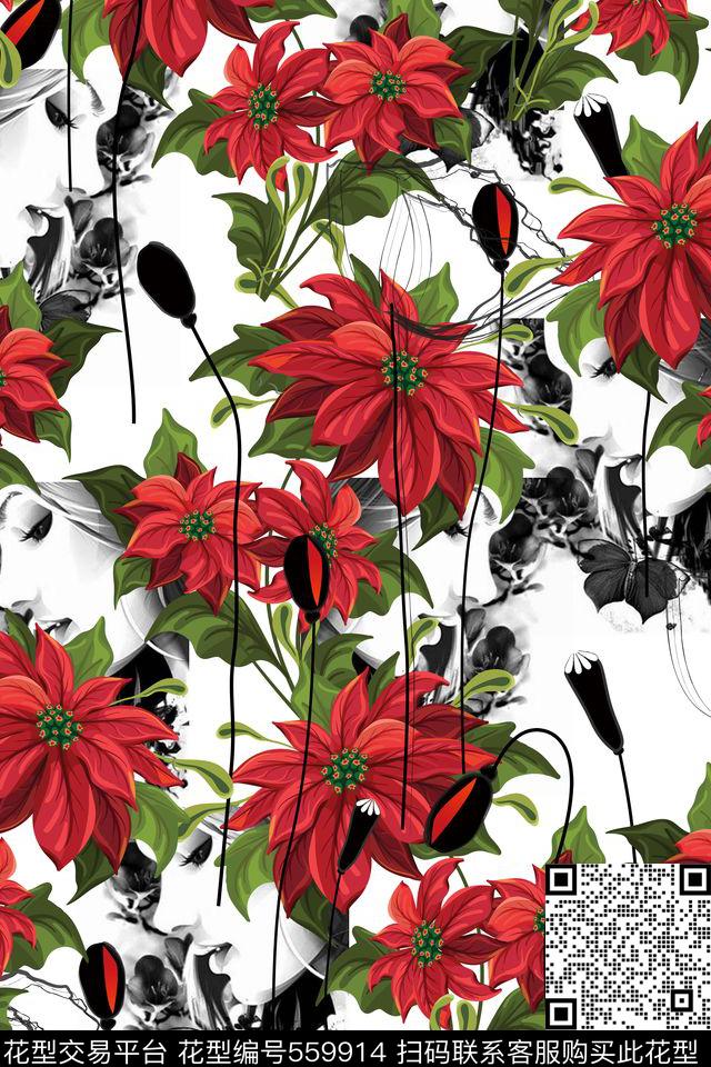 手绘一品红罂粟数码印花华亿平台下载（图片编号: 559914） - 瓦栏（Walan）