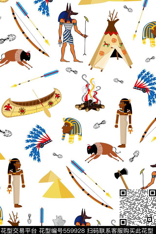 手绘欧美复古原始人物部落生活时装周女装男装连衣裙衬衫T桖大牌抽象船弓箭金字塔埃及印第安人传统印花华亿平台下载（图片编号: 559928） - 瓦栏（Walan）