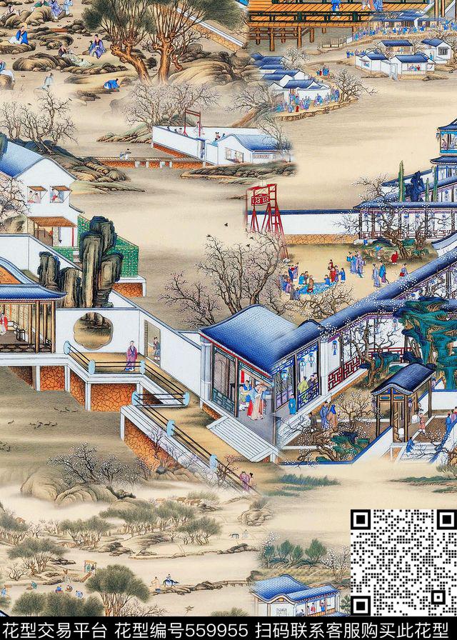 潮流古代闹市街景中国风数码印花华亿平台下载（图片编号: 559955） - 瓦栏（Walan）