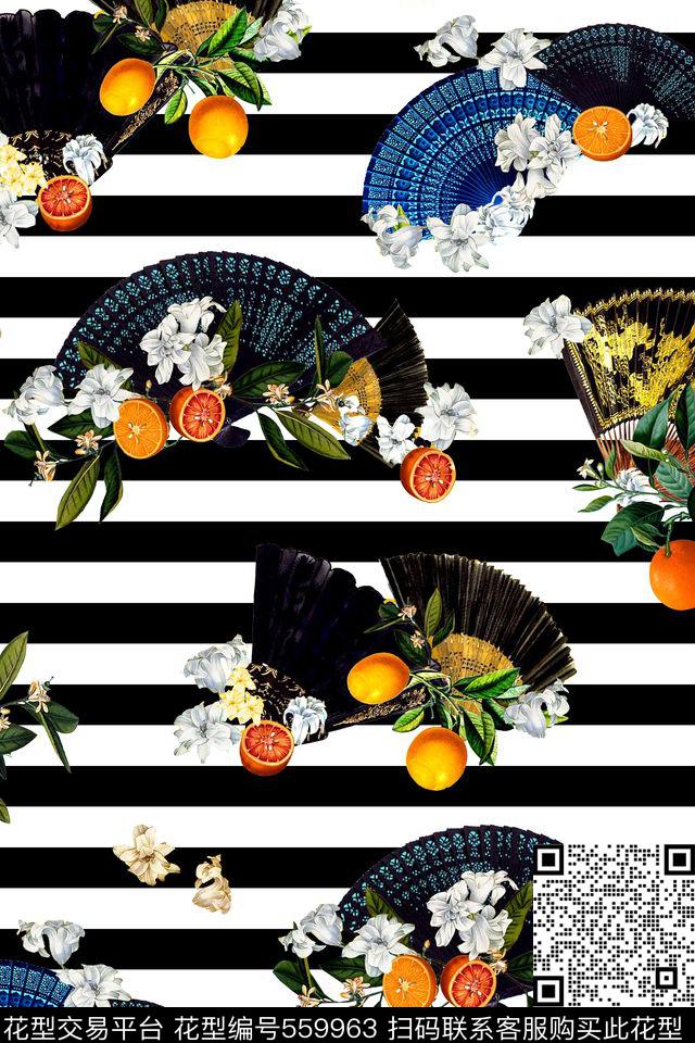 时尚休闲扇子果实花卉线条数码印花华亿平台下载（图片编号: 559963） - 瓦栏（Walan）
