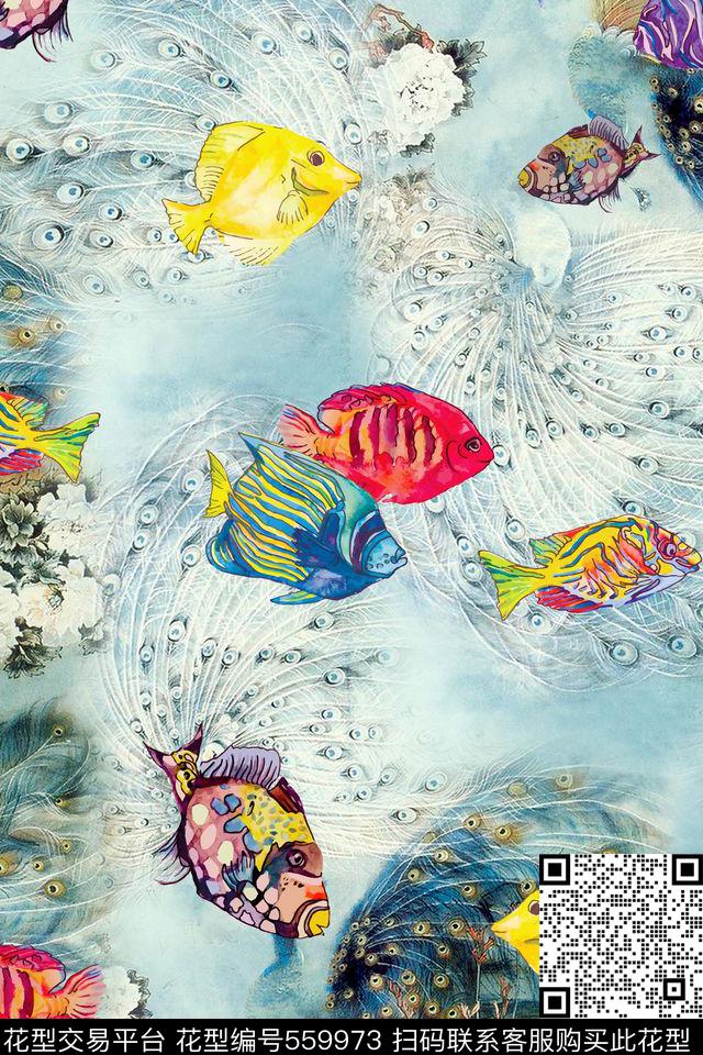 休闲孔雀羽毛海底水彩鱼数码印花华亿平台下载（图片编号: 559973） - 瓦栏（Walan）