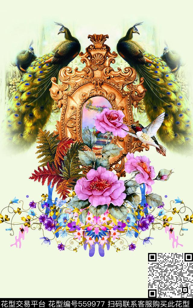 欧式复古花卉孔雀开屏数码印花华亿平台下载（图片编号: 559977） - 瓦栏（Walan）