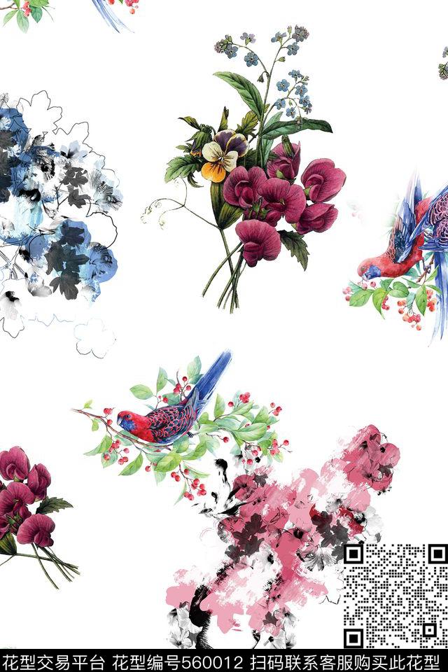 文艺清新复古花卉鸟水彩数码印花华亿平台下载（图片编号: 560012） - 瓦栏（Walan）