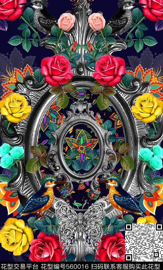 卷草花蕾丝玫瑰数码印花华亿平台下载（图片编号: 560016） - 瓦栏（Walan）