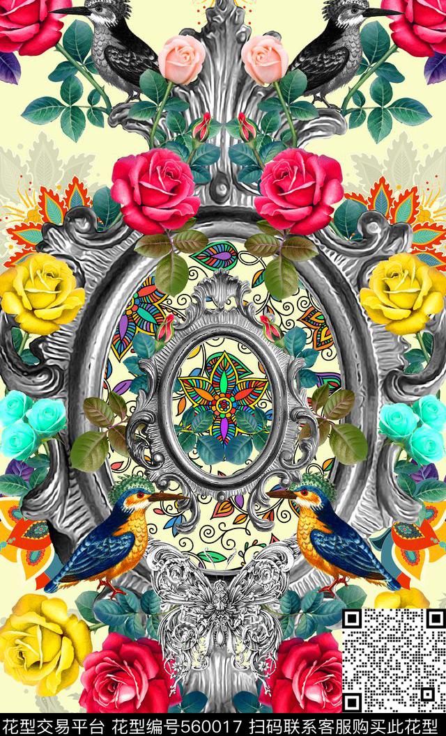 卷草花蕾丝玫瑰数码印花华亿平台下载（图片编号: 560017） - 瓦栏（Walan）