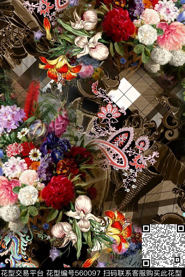 时尚手绘花卉数码印花华亿平台下载（图片编号: 560097） - 瓦栏（Walan）