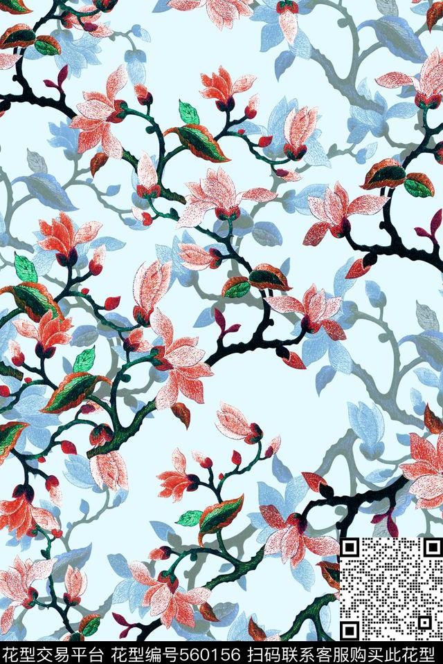 女装四方连续花鸟植物数码印花华亿平台下载（图片编号: 560156） - 瓦栏（Walan）