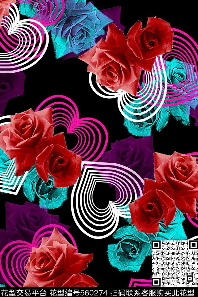 花卉几何玫瑰数码印花华亿平台下载（图片编号: 560274） - 瓦栏（Walan）