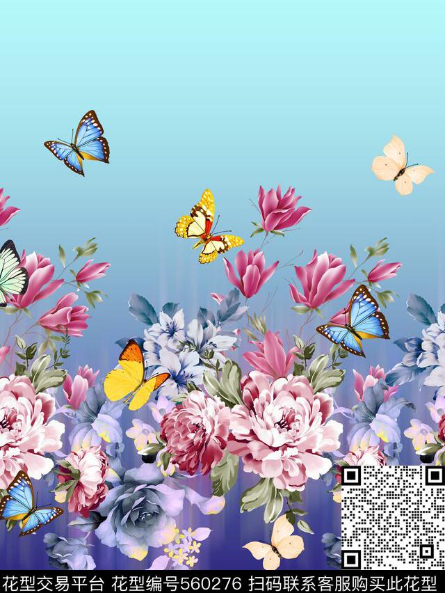 花卉定位蝴蝶数码印花华亿平台下载（图片编号: 560276） - 瓦栏（Walan）