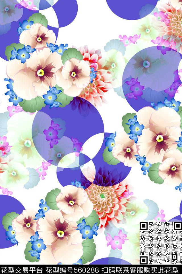花卉几何圆数码印花华亿平台下载（图片编号: 560288） - 瓦栏（Walan）