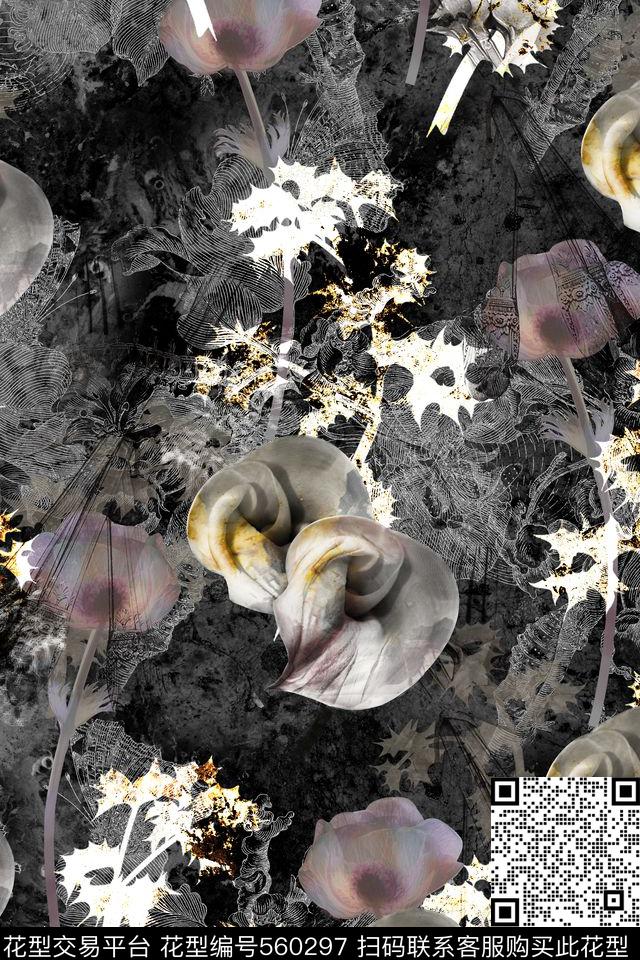 抽象抽象花卉线条肌理朦胧水彩花卉昆虫纹样昆虫纹样大牌女装男士休闲衬衫数码印花华亿平台下载（图片编号: 560297） - 瓦栏（Walan）