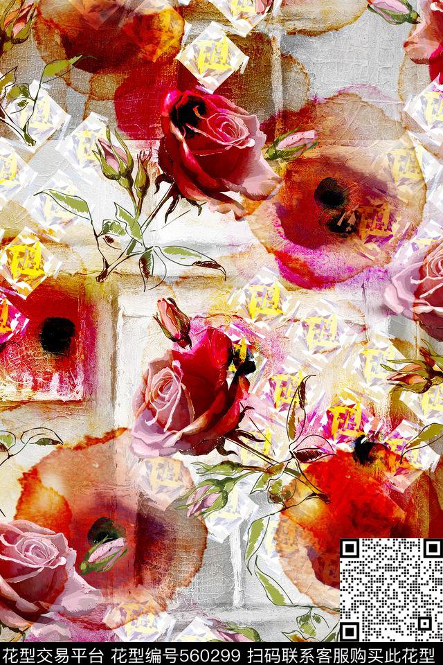 抽象唯美玫瑰抽象水彩花卉朦胧复古肌理背景色块大牌女装女士夏季连衣裙长裙数码印花华亿平台下载（图片编号: 560299） - 瓦栏（Walan）