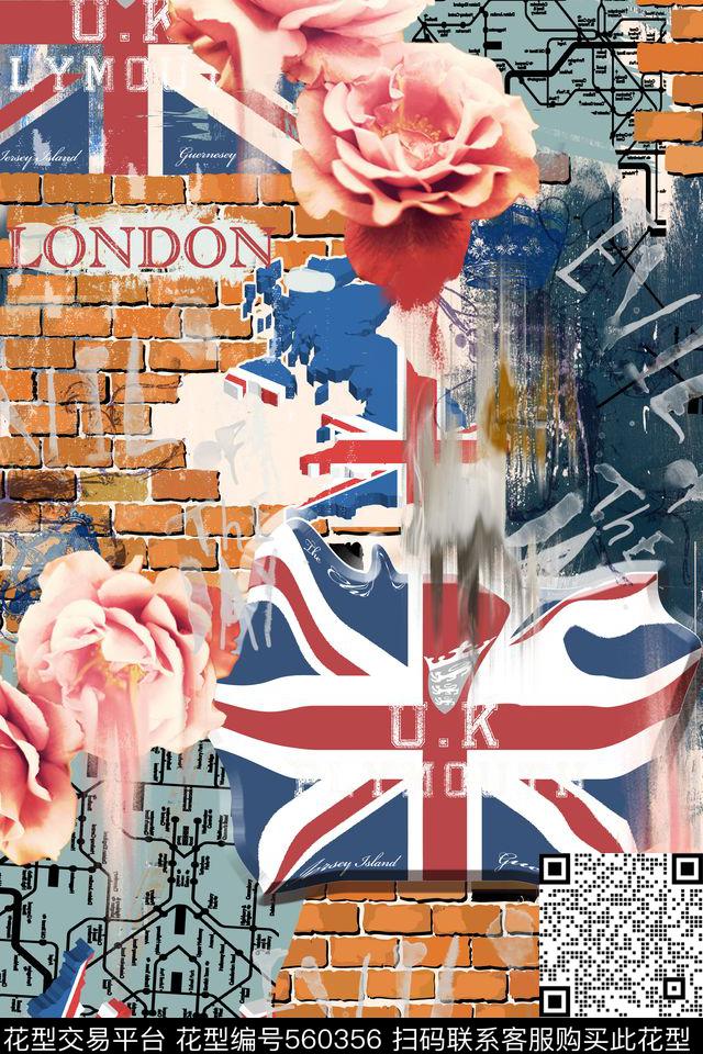 英伦米字旗线条花卉数码印花华亿平台下载（图片编号: 560356） - 瓦栏（Walan）