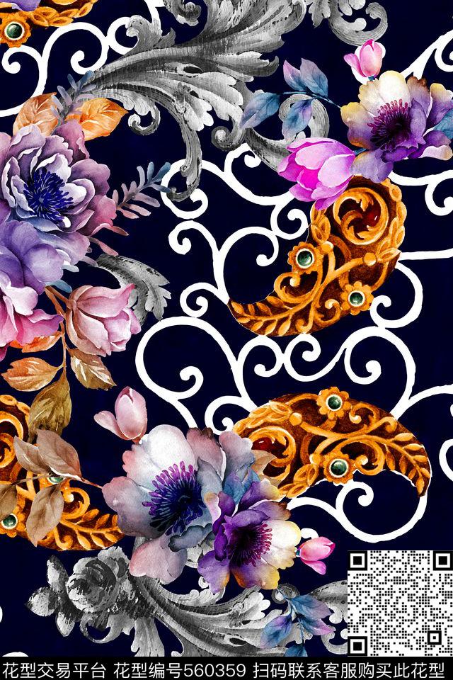 卷草花佩斯利民族风数码印花华亿平台下载（图片编号: 560359） - 瓦栏（Walan）