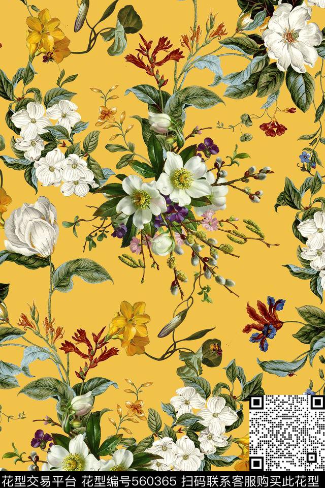 时尚手绘花卉数码印花华亿平台下载（图片编号: 560365） - 瓦栏（Walan）