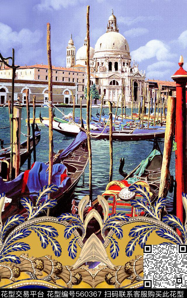 欧式卷草风景数码印花华亿平台下载（图片编号: 560367） - 瓦栏（Walan）