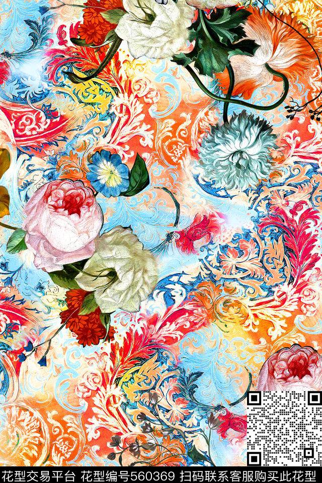 时尚欧式花纹油画花卉数码印花华亿平台下载（图片编号: 560369） - 瓦栏（Walan）