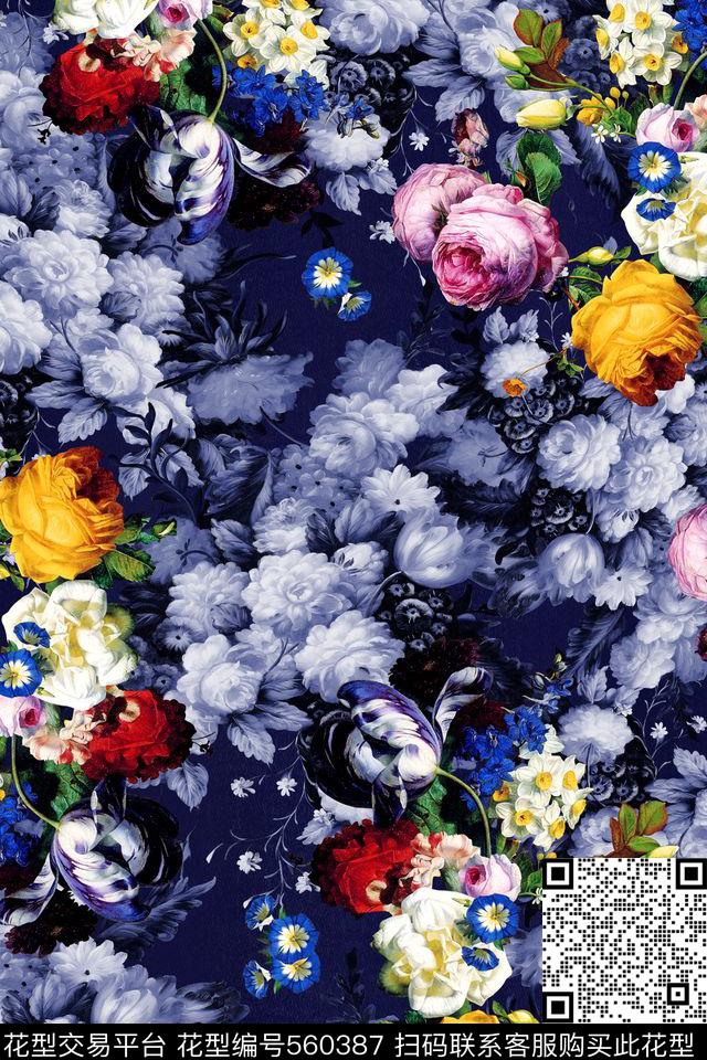 花卉油彩手绘花朵数码印花华亿平台下载（图片编号: 560387） - 瓦栏（Walan）