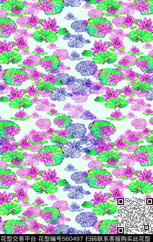 植物花卉荷花意向花卉数码印花华亿平台下载（图片编号: 560497） - 瓦栏（Walan）