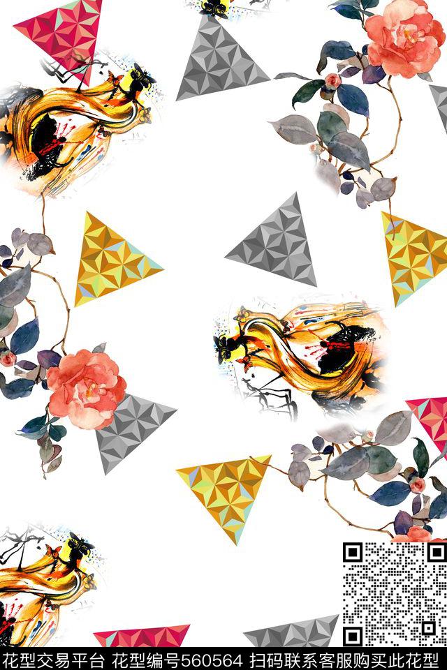 休闲笔触花卉几何图案数码印花华亿平台下载（图片编号: 560564） - 瓦栏（Walan）