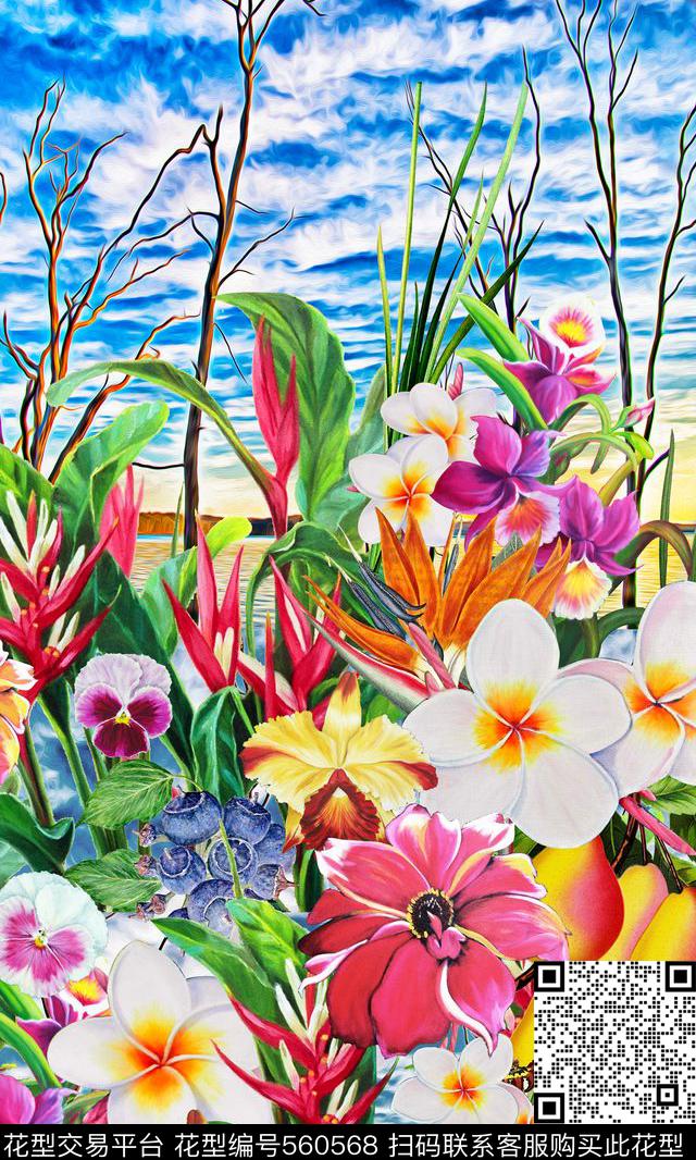 花卉兰花时尚数码印花华亿平台下载（图片编号: 560568） - 瓦栏（Walan）