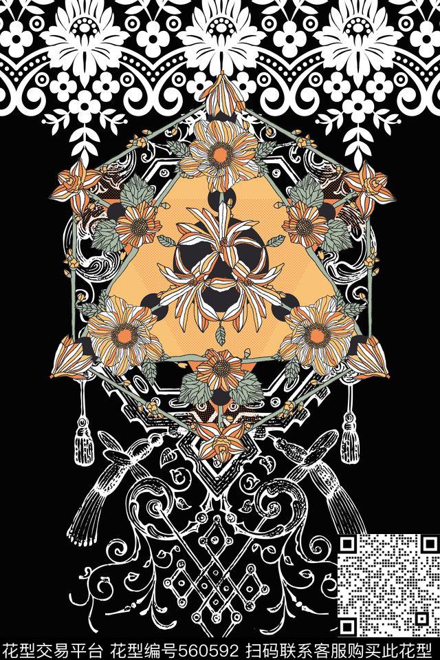 定位女装欧式花纹黑白底传统印花华亿平台下载（图片编号: 560592） - 瓦栏（Walan）