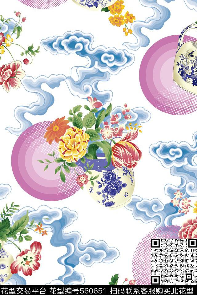 花卉祥云圆数码印花华亿平台下载（图片编号: 560651） - 瓦栏（Walan）