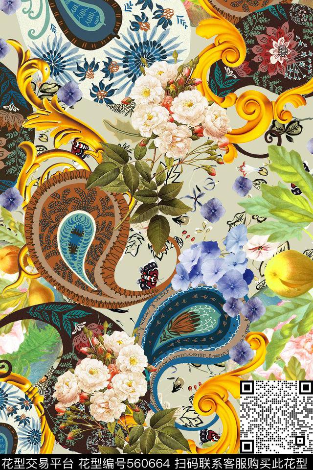 佩兹利花卉欧式宫廷风数码印花华亿平台下载（图片编号: 560664） - 瓦栏（Walan）