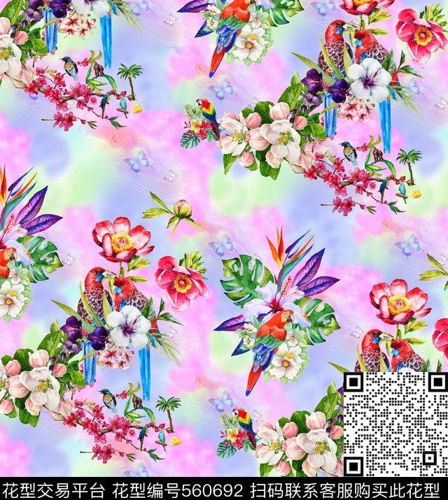 潮流热带花卉手绘数码印花华亿平台下载（图片编号: 560692） - 瓦栏（Walan）