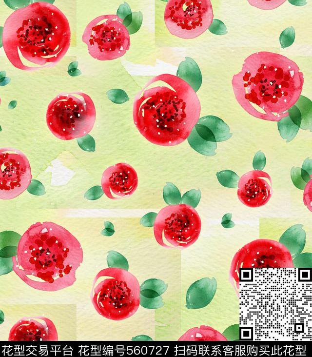 手绘花卉红色水墨花数码印花华亿平台下载（图片编号: 560727） - 瓦栏（Walan）