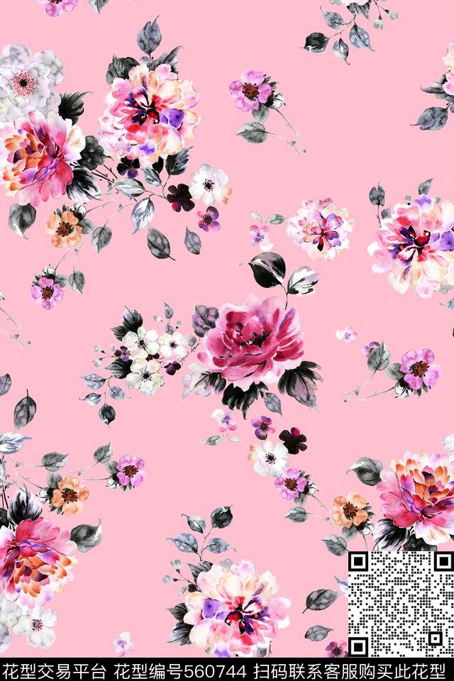 手绘花朵抽象数码印花华亿平台下载（图片编号: 560744） - 瓦栏（Walan）