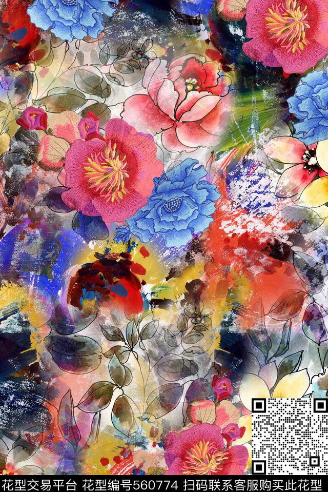 抽象花朵油画数码印花华亿平台下载（图片编号: 560774） - 瓦栏（Walan）